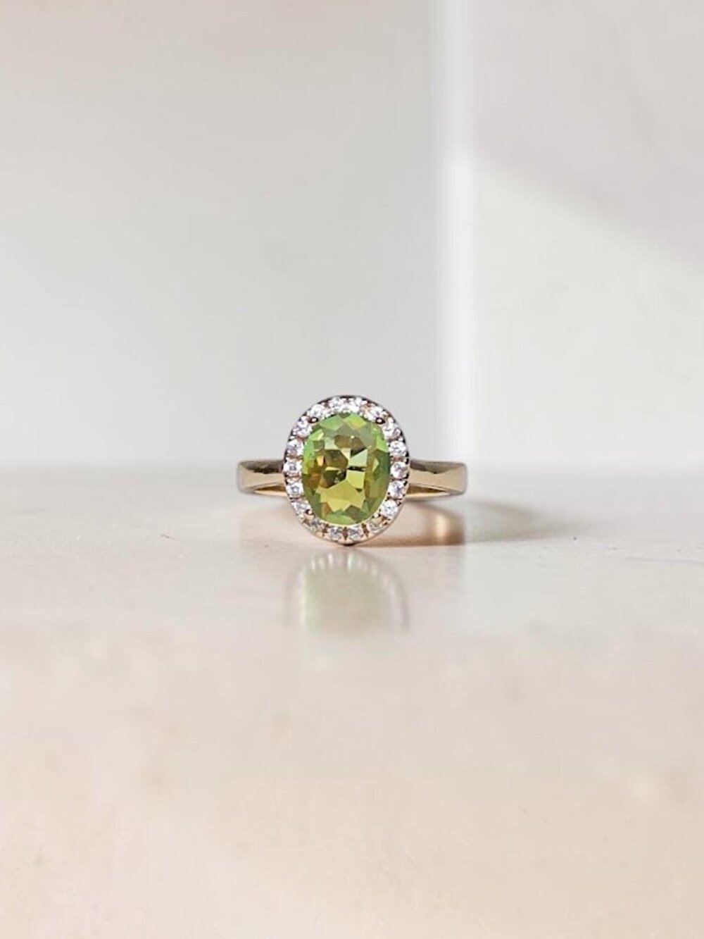 Gorgeous Ombre Green Oval CZ with Pave Accent Halo on Gold Tone Ring Size 8